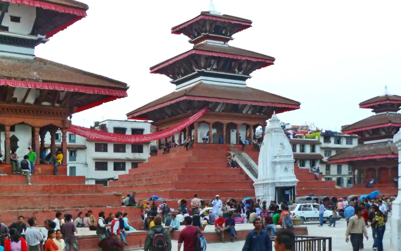 Lively crowds fill Kathmandu Durbar Square, surrounded by ancient temples and timeless culture